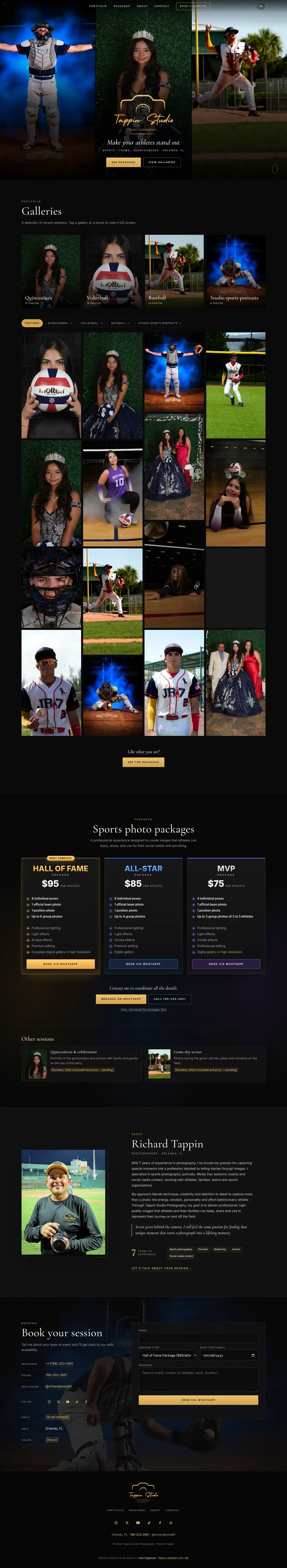Tappin Studio Photography website on desktop: full homepage with sports portfolio, packages and contact